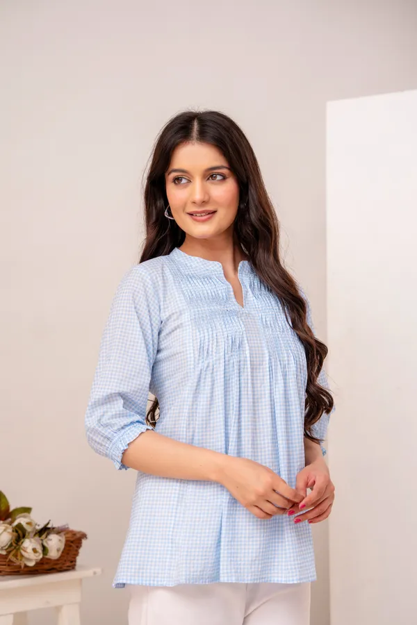 ANNA_MONNA_Women_Checked_Mandarin_Collar_Cotton_Top