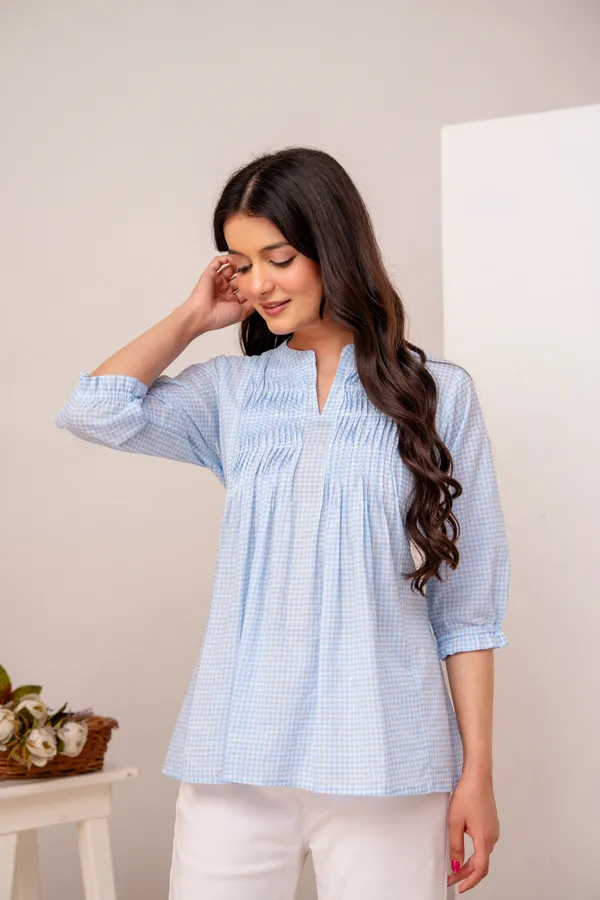 ANNA_MONNA_Women_Checked_Mandarin_Collar_Cotton_Top