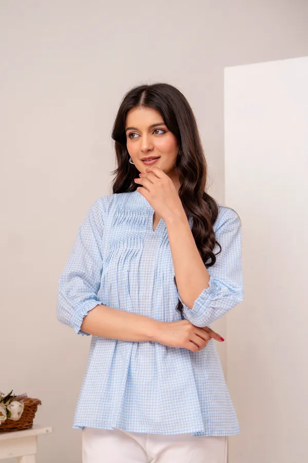 ANNA_MONNA_Women_Checked_Mandarin_Collar_Cotton_Top