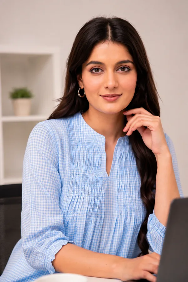 ANNA_MONNA_Women_Checked_Mandarin_Collar_Cotton_Top