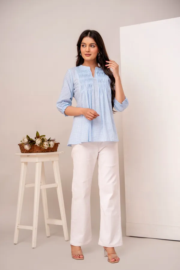ANNA_MONNA_Women_Checked_Mandarin_Collar_Cotton_Top