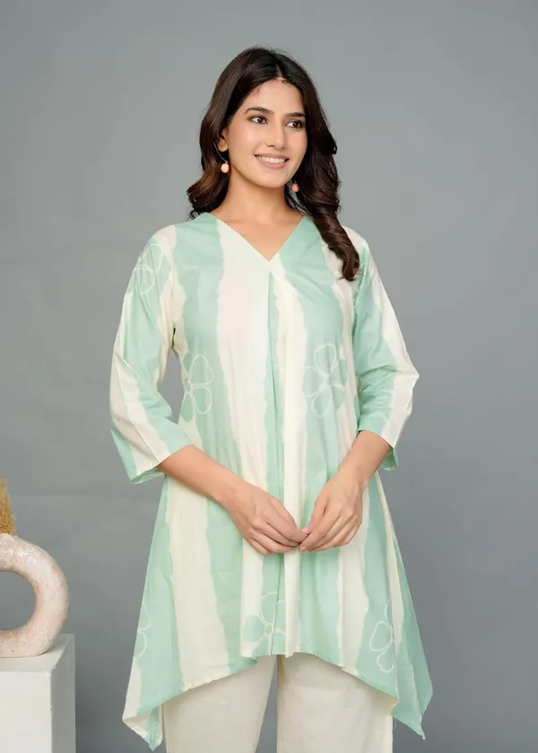 Light_Green_Cotton_V-Neck_3/4_Sleeve_Top_With_Matching_Bottom_Co-Ord_Set_For_Women_&_Girls