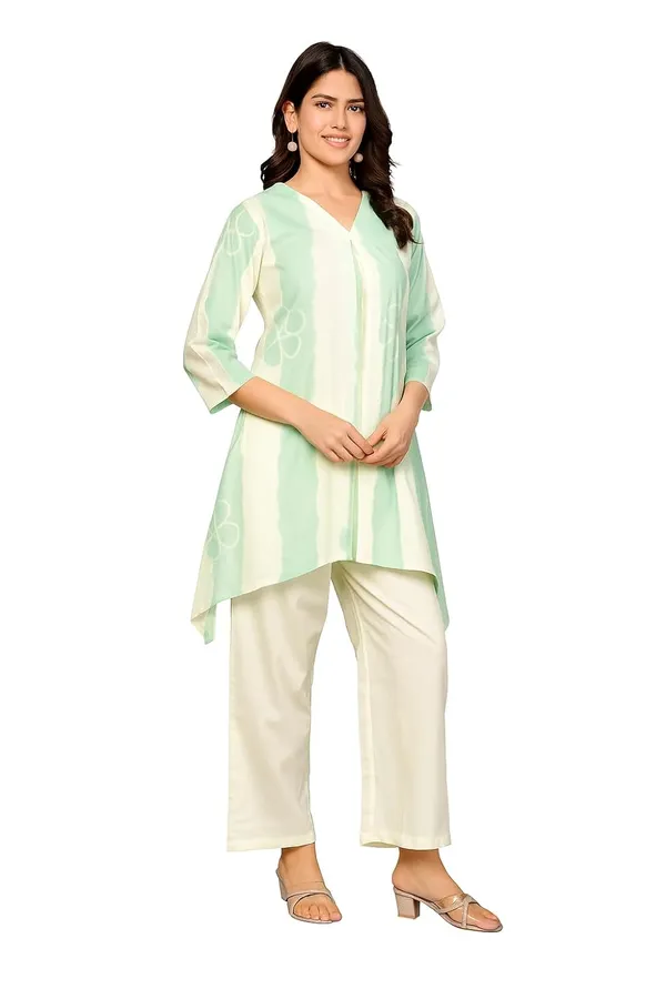 Light_Green_Cotton_V-Neck_3/4_Sleeve_Top_With_Matching_Bottom_Co-Ord_Set_For_Women_&_Girls