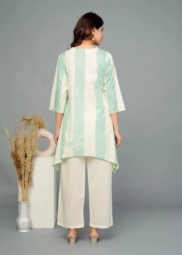 Light_Green_Cotton_V-Neck_3/4_Sleeve_Top_With_Matching_Bottom_Co-Ord_Set_For_Women_&_Girls