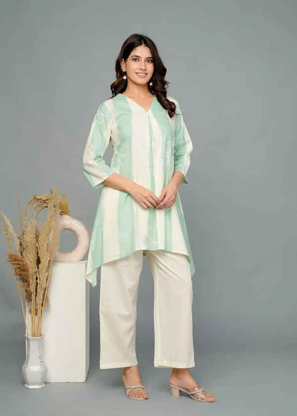 Light_Green_Cotton_V-Neck_3/4_Sleeve_Top_With_Matching_Bottom_Co-Ord_Set_For_Women_&_Girls