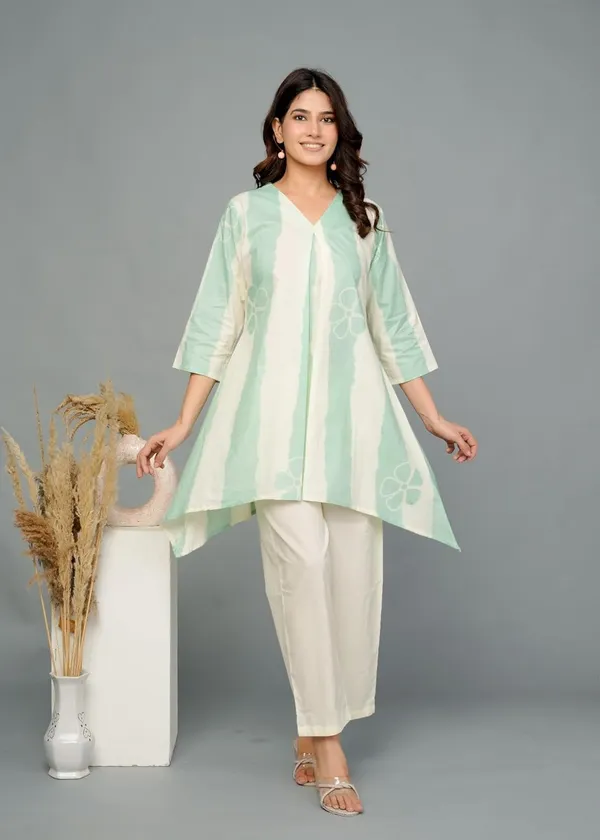 Light_Green_Cotton_V-Neck_3/4_Sleeve_Top_With_Matching_Bottom_Co-Ord_Set_For_Women_&_Girls