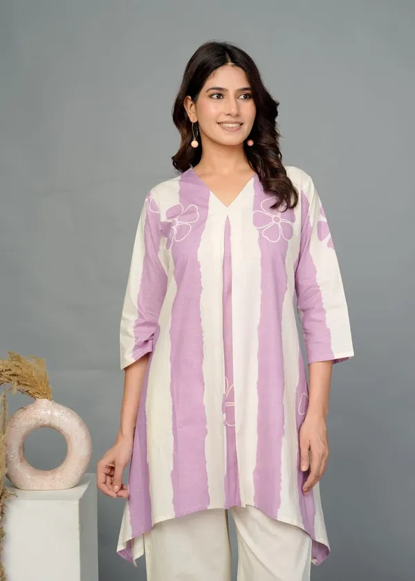 Purple_Cotton_V-Neck_With_3/4_Sleeve_Co-Ord_Set_For_Women_&_Girls