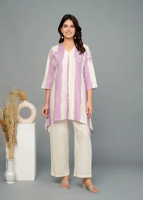 Purple_Cotton_V-Neck_With_3/4_Sleeve_Co-Ord_Set_For_Women_&_Girls