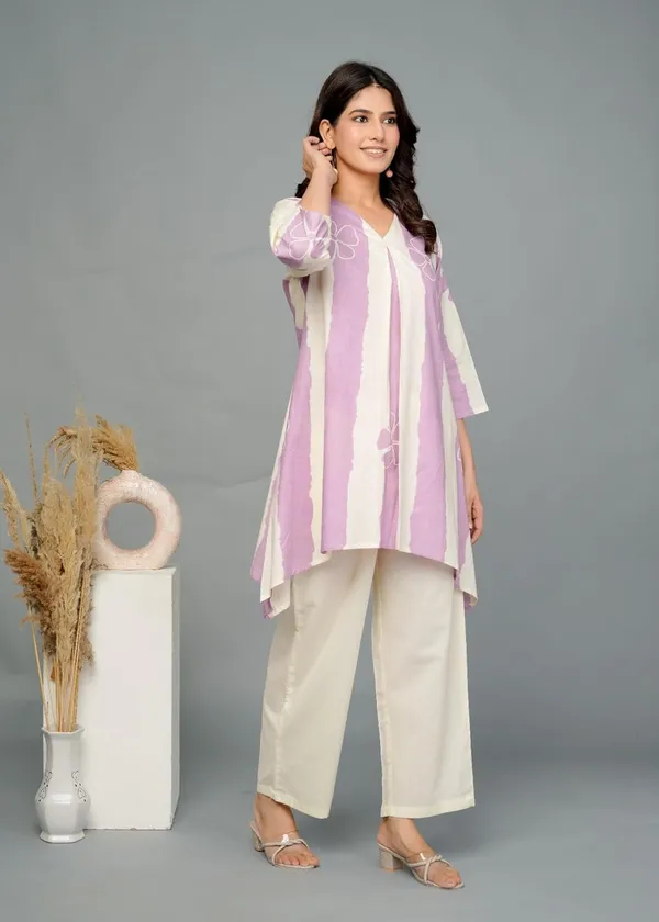 Purple_Cotton_V-Neck_With_3/4_Sleeve_Co-Ord_Set_For_Women_&_Girls