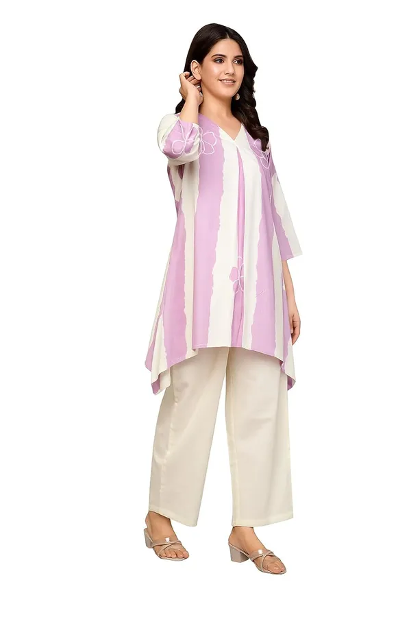 Purple_Cotton_V-Neck_With_3/4_Sleeve_Co-Ord_Set_For_Women_&_Girls