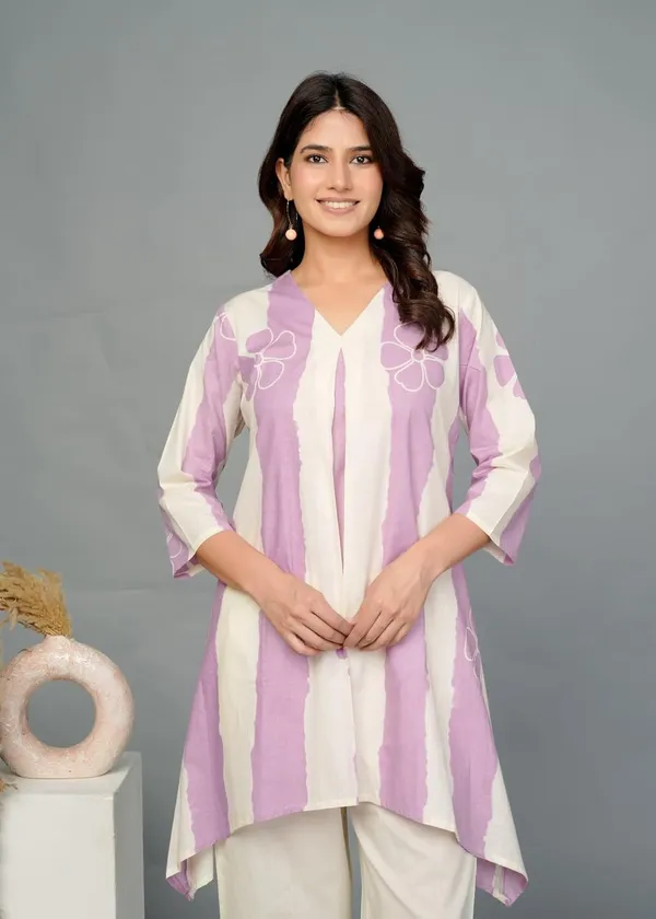 Purple_Cotton_V-Neck_With_3/4_Sleeve_Co-Ord_Set_For_Women_&_Girls