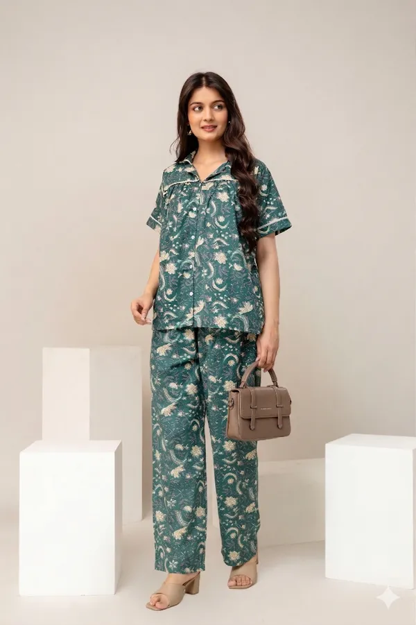Printed_Pure_Cotton_Collar_Neck_Shirt_With_Trousers_For_Women