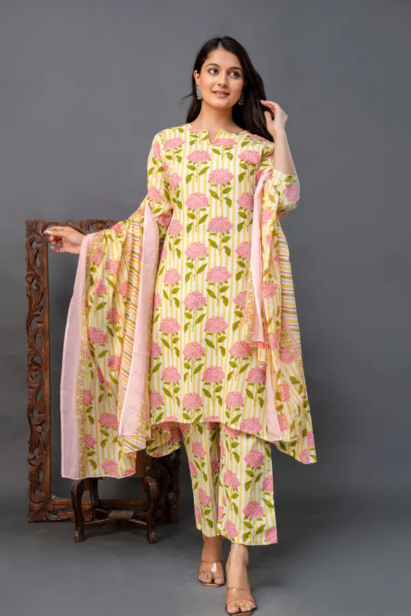 Yellow_Pure_Jaipuri_Cotton_Floral_Printed_Neck_Design_Kurta_Set__For_Women_&_Girls