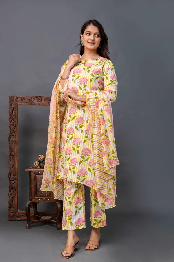 Yellow_Pure_Jaipuri_Cotton_Floral_Printed_Neck_Design_Kurta_Set__For_Women_&_Girls
