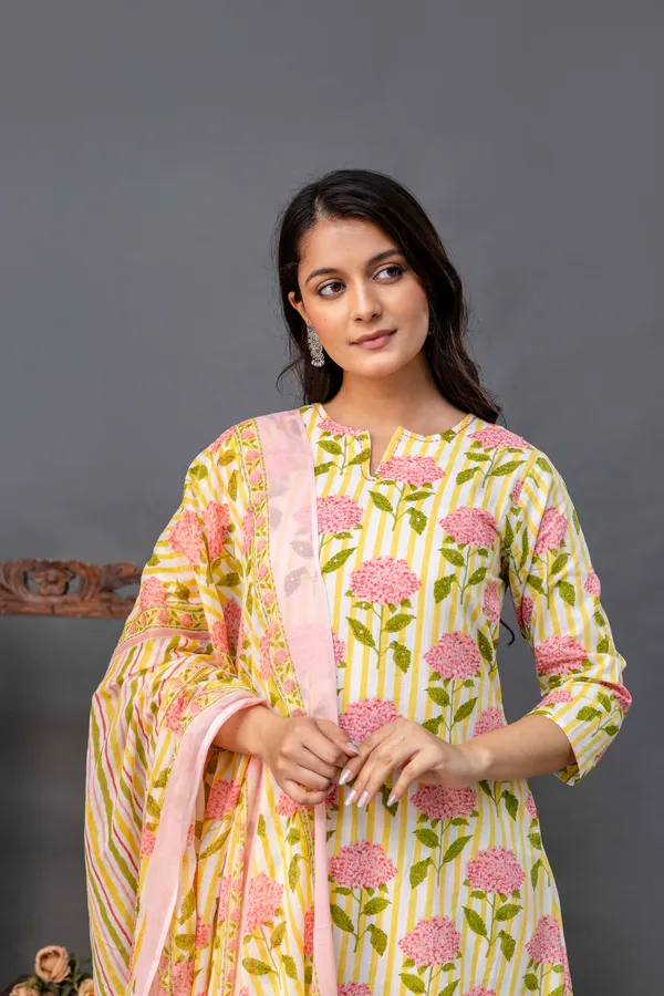 Yellow_Pure_Jaipuri_Cotton_Floral_Printed_Neck_Design_Kurta_Set__For_Women_&_Girls
