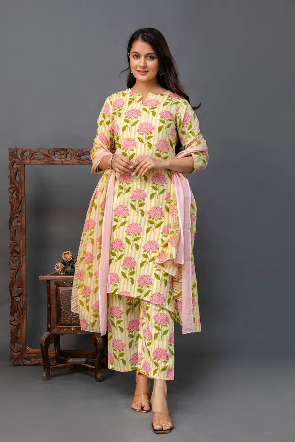 Yellow_Pure_Jaipuri_Cotton_Floral_Printed_Neck_Design_Kurta_Set__For_Women_&_Girls
