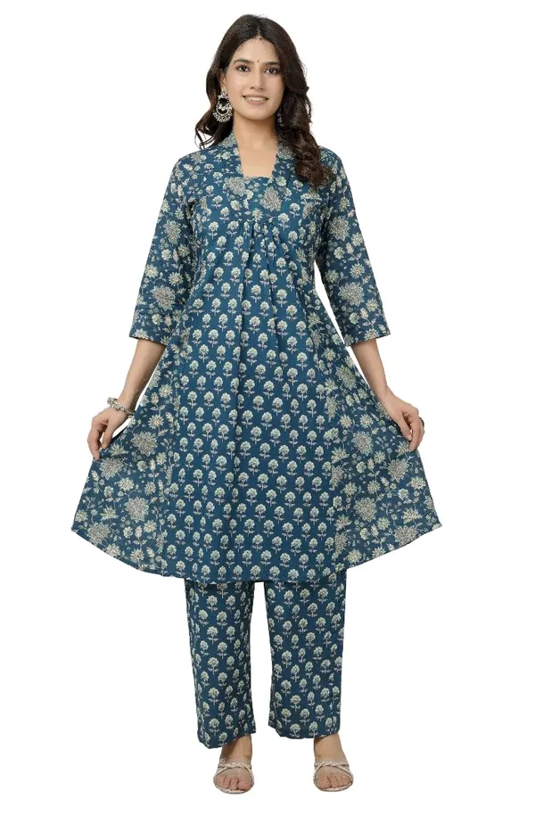 Blue_Pure_Jaipuri_Cotton_Printed_A-Line_Kurta_Set_For_Women_&_Girls