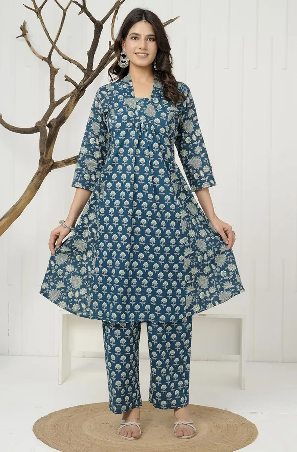 Blue_Pure_Jaipuri_Cotton_Printed_A-Line_Kurta_Set_For_Women_&_Girls