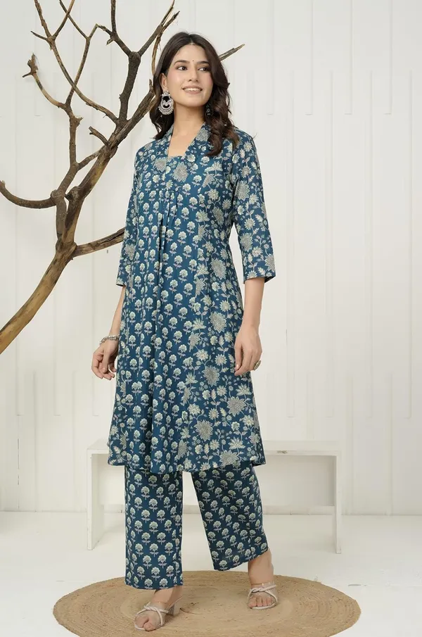 Blue_Pure_Jaipuri_Cotton_Printed_A-Line_Kurta_Set_For_Women_&_Girls