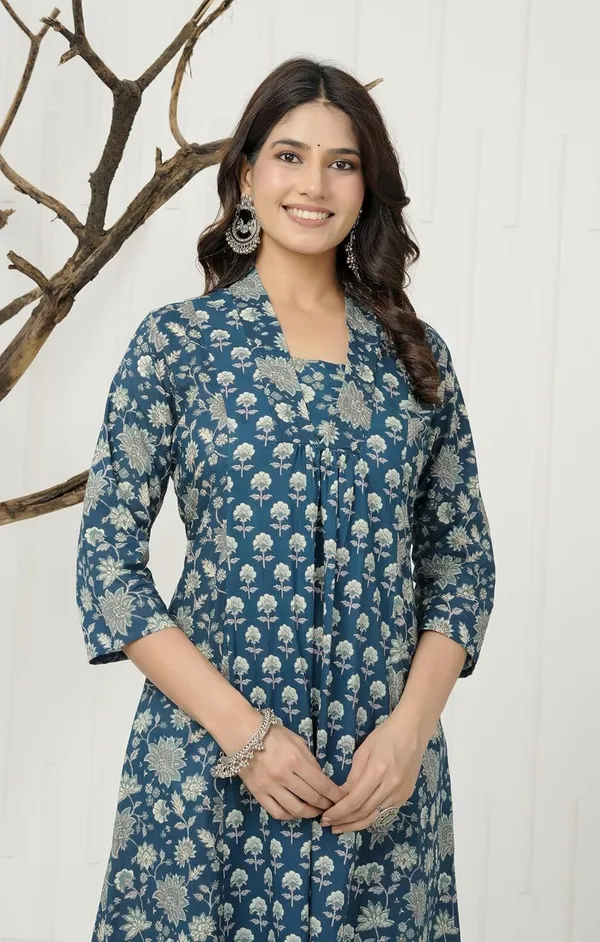 Blue_Pure_Jaipuri_Cotton_Printed_A-Line_Kurta_Set_For_Women_&_Girls