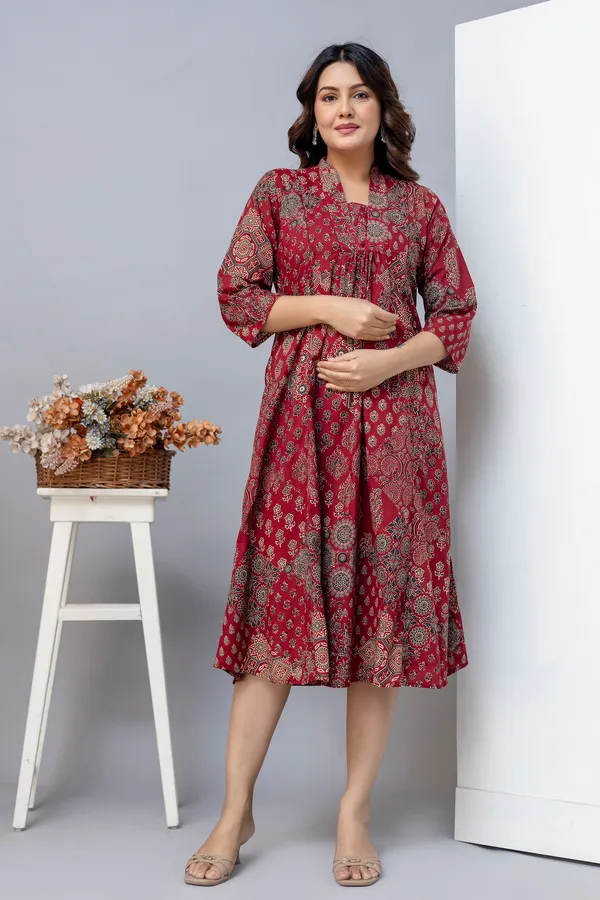 Red_Pure_Jaipuri_Cotton_Printed__Maternity_Dress_For_Women