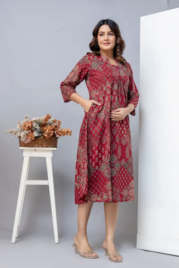 Red_Pure_Jaipuri_Cotton_Printed__Maternity_Dress_For_Women