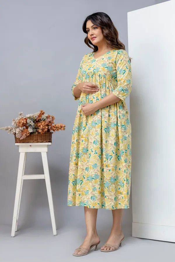 Yellow_Pure_Jaipuri_Cotton_Printed_Maternity_Dress_For_Women