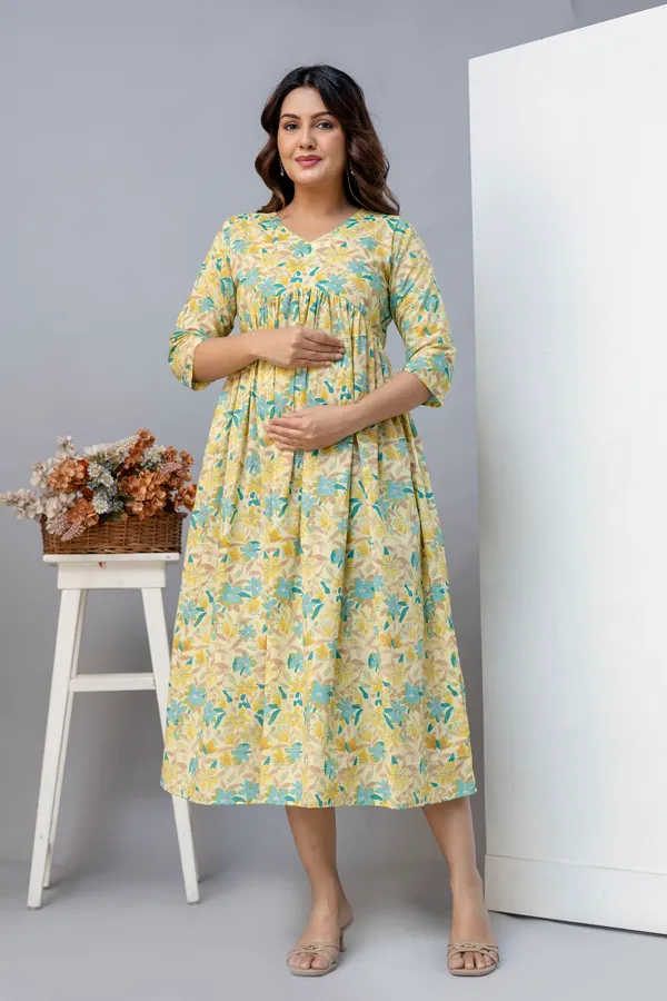 Yellow_Pure_Jaipuri_Cotton_Printed_Maternity_Dress_For_Women