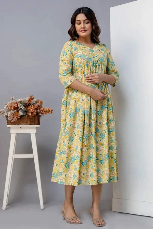 Yellow_Pure_Jaipuri_Cotton_Printed_Maternity_Dress_For_Women