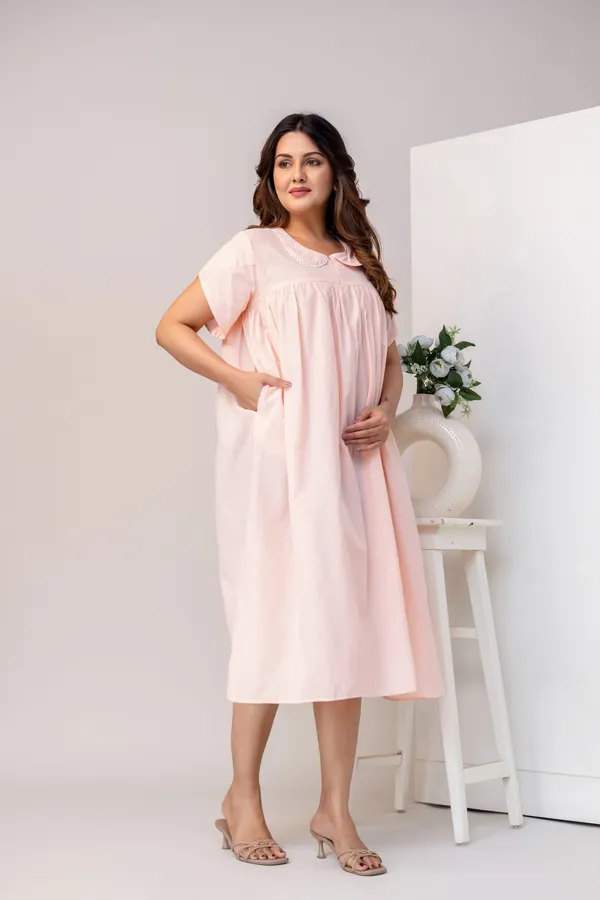 PRINTED_STRIPPED_PURE_COTTON_MATERNITY_FALRED_DRESS_FOR_WOMEN