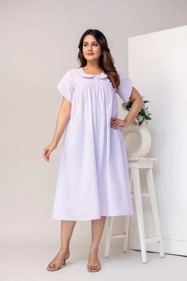 PRINTED_STRIPPED_PURE_COTTON_MATERNITY_FALRED_DRESS_FOR_WOMEN