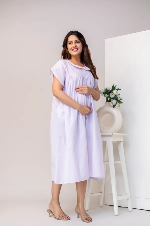 PRINTED_STRIPPED_PURE_COTTON_MATERNITY_FALRED_DRESS_FOR_WOMEN
