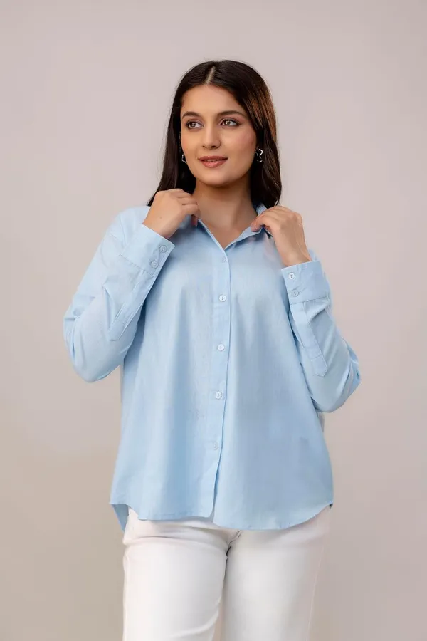 Blue_Linen_Blend_Casual_Collared_Button_Down_Shirt_For_Women