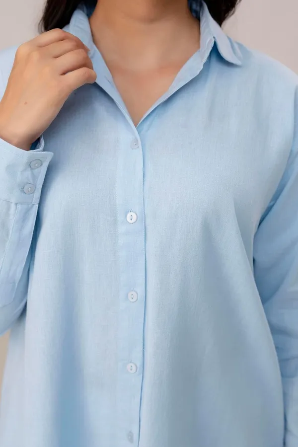 Blue_Linen_Blend_Casual_Collared_Button_Down_Shirt_For_Women