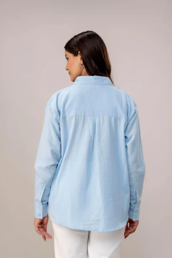 Blue_Linen_Blend_Casual_Collared_Button_Down_Shirt_For_Women