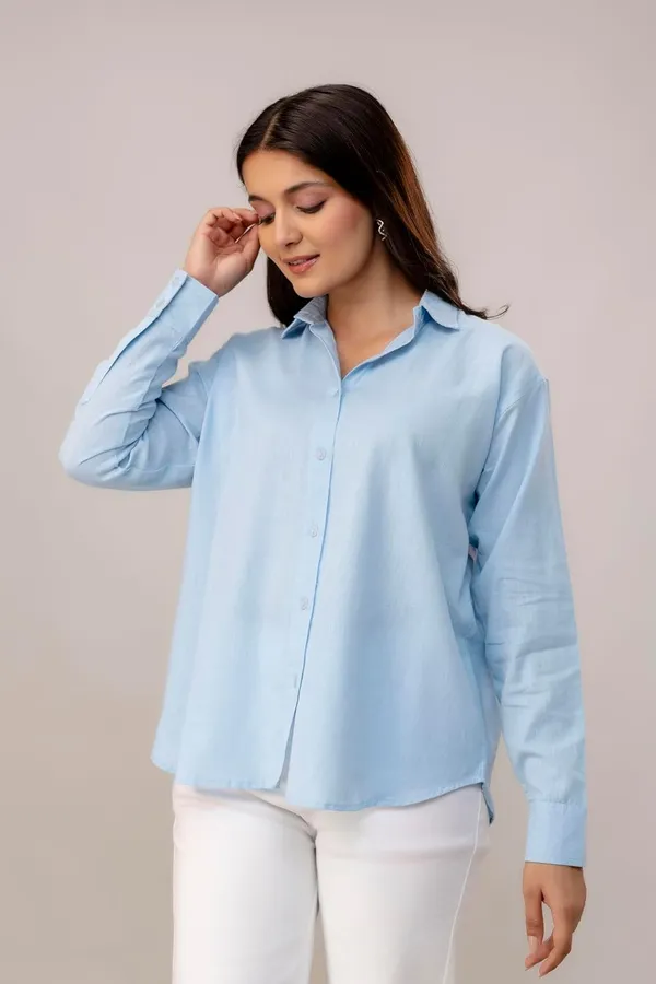Blue_Linen_Blend_Casual_Collared_Button_Down_Shirt_For_Women