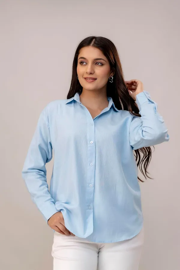 Blue_Linen_Blend_Casual_Collared_Button_Down_Shirt_For_Women