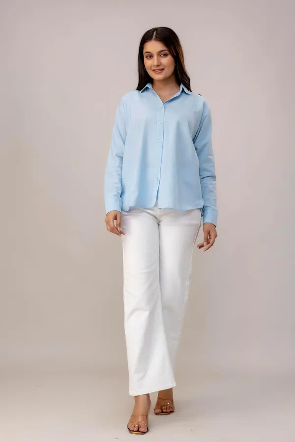 Blue_Linen_Blend_Casual_Collared_Button_Down_Shirt_For_Women