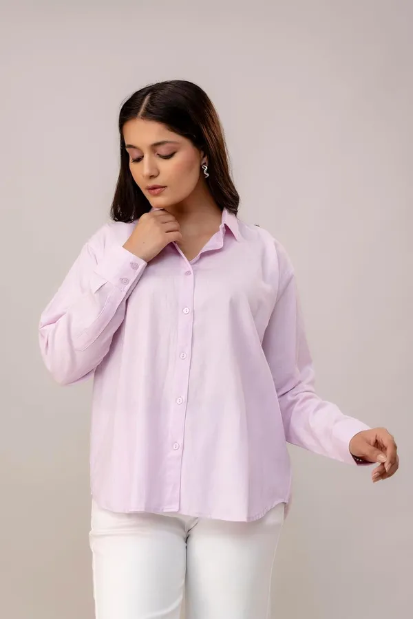 Lavender_Linen_Blend_Casual_Collared_Button_Down_Shirt_For_Women