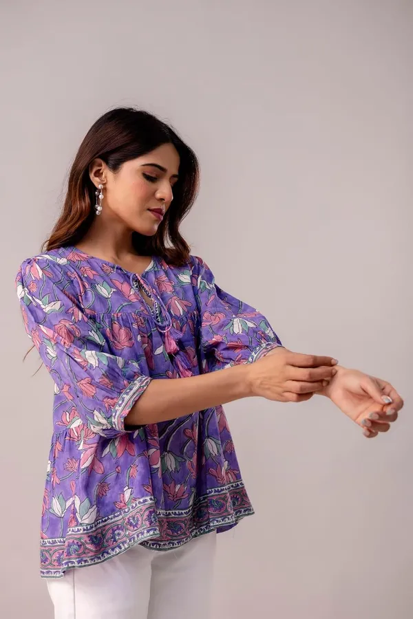 Purple_Floral_Print_Round_Neck_3/4_Sleeves_Top_For_Women_&_Girls