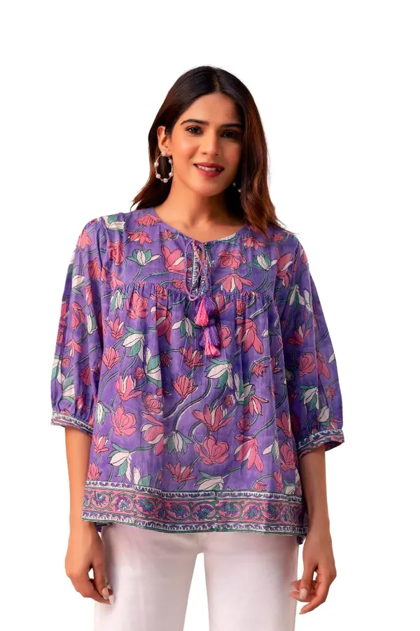 Purple_Floral_Print_Round_Neck_3/4_Sleeves_Top_For_Women_&_Girls