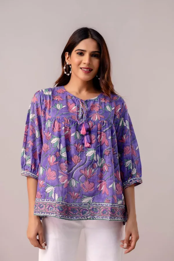 Purple_Floral_Print_Round_Neck_3/4_Sleeves_Top_For_Women_&_Girls