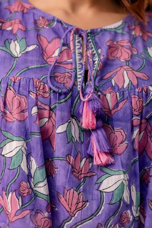 Purple_Floral_Print_Round_Neck_3/4_Sleeves_Top_For_Women_&_Girls