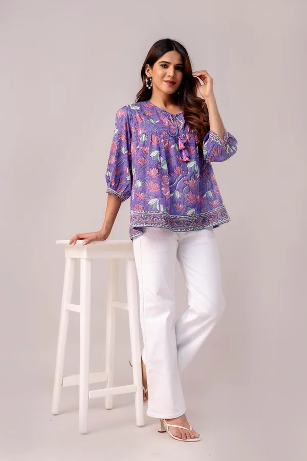 Purple_Floral_Print_Round_Neck_3/4_Sleeves_Top_For_Women_&_Girls