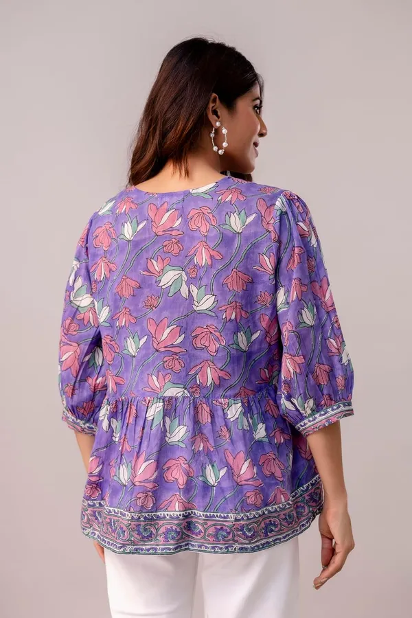 Purple_Floral_Print_Round_Neck_3/4_Sleeves_Top_For_Women_&_Girls