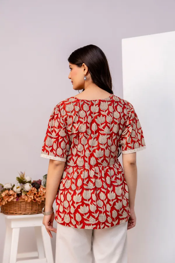 Red_Lotus_Floral_Print_V_Neck_3/4_Sleeves_Top_For_Women_&_Girls