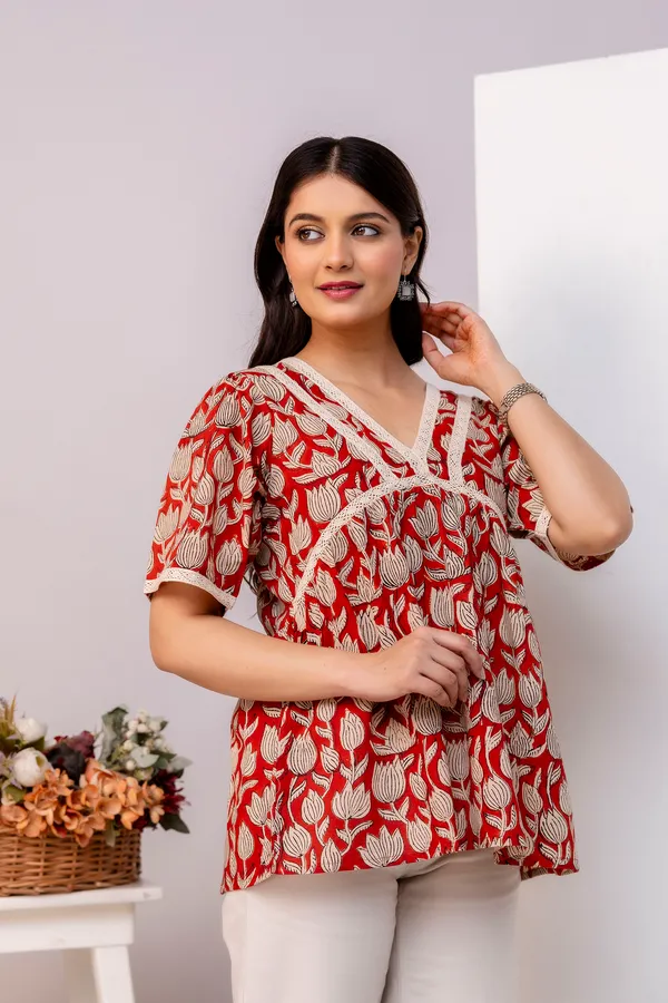 Red_Lotus_Floral_Print_V_Neck_3/4_Sleeves_Top_For_Women_&_Girls