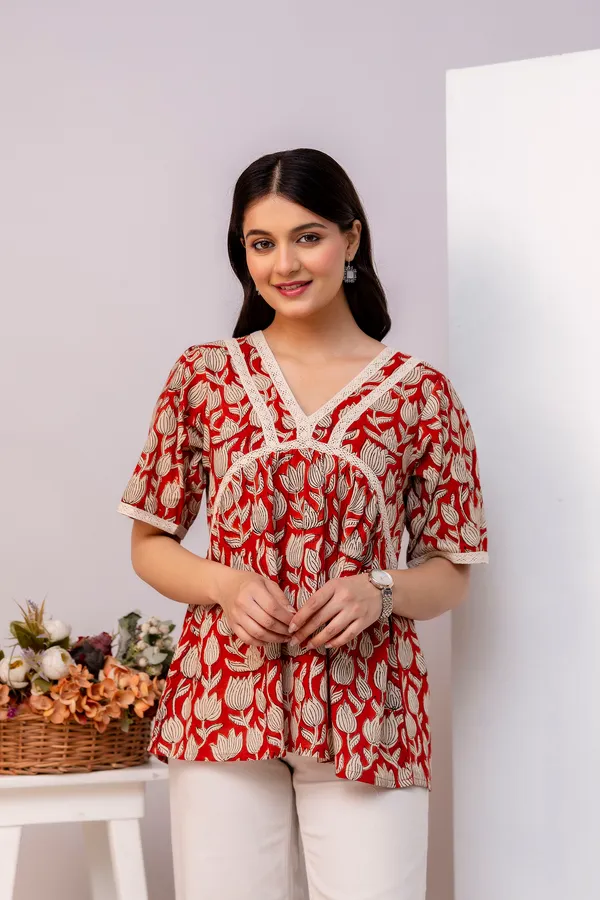 Red_Lotus_Floral_Print_V_Neck_3/4_Sleeves_Top_For_Women_&_Girls