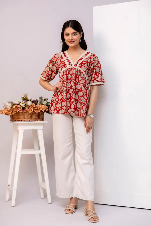 Red_Lotus_Floral_Print_V_Neck_3/4_Sleeves_Top_For_Women_&_Girls