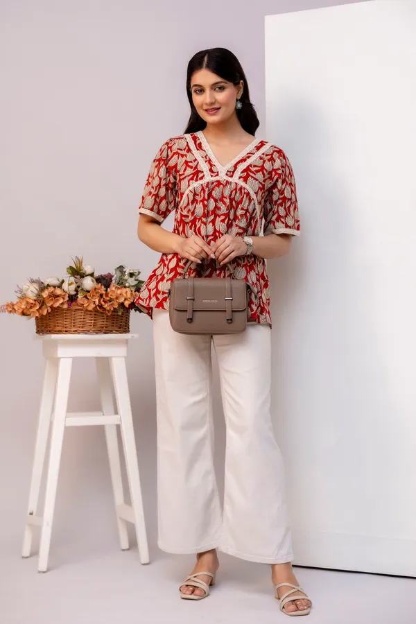 Red_Lotus_Floral_Print_V_Neck_3/4_Sleeves_Top_For_Women_&_Girls